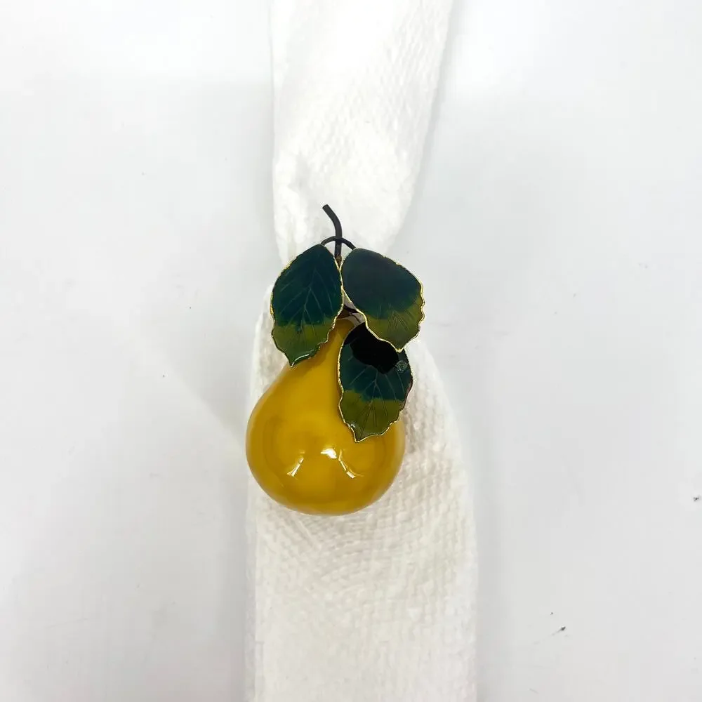 Enameled Metal Yellow Pear with Leaf Napkin Rings 3